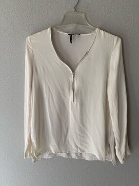 The Kooples Cream Zip-Front Silk Long Sleeve Blouse